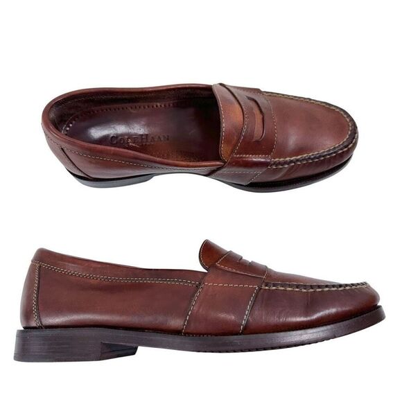 Cole Haan Douglas Brown Distressed Leather Penny Loafers Mens Size 7.5